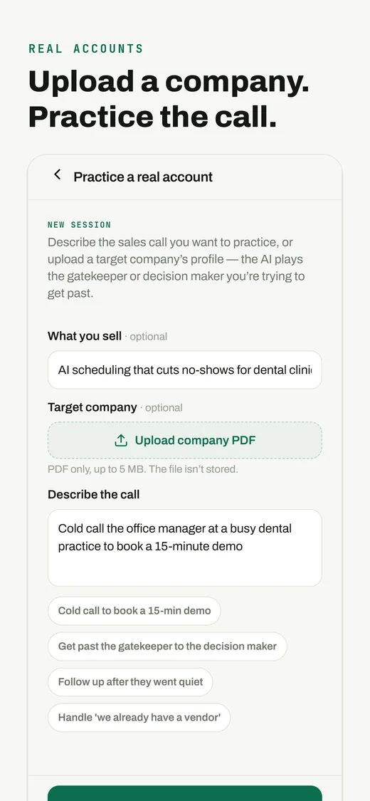 Rehearse Sales — practice a real account screen