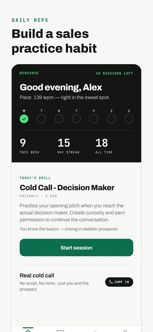 Rehearse – Sales home screen with practice scenarios