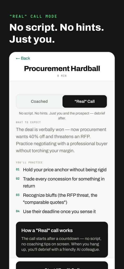 Real call mode — no script, no hints